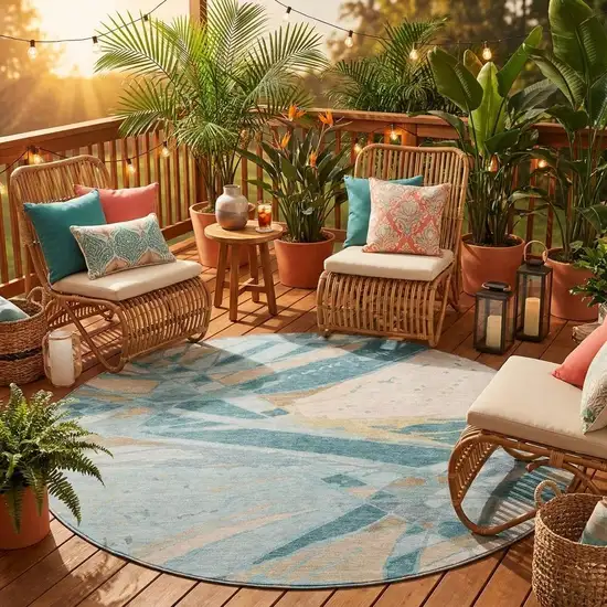 8' Teal Blue And Silver Round Abstract Washable Indoor Outdoor Area Rug Photo 1