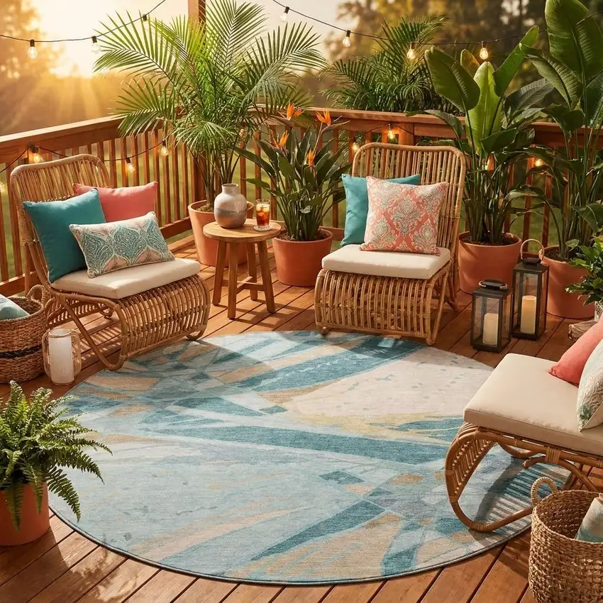 8' Teal Blue And Silver Round Abstract Washable Indoor Outdoor Area Rug Photo 1
