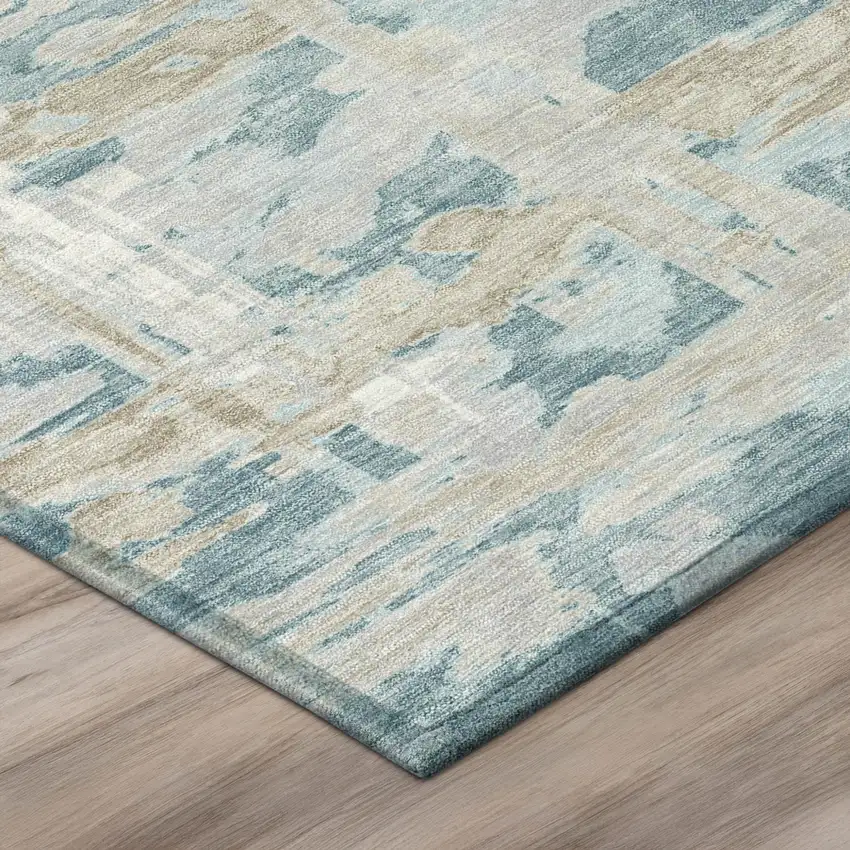 8' Teal Blue And Silver Round Abstract Washable Indoor Outdoor Area Rug Photo 4