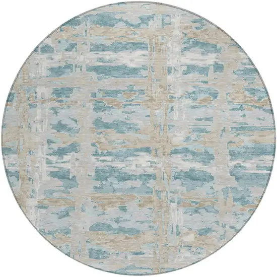 8' Teal Blue And Silver Round Abstract Washable Indoor Outdoor Area Rug Photo 1