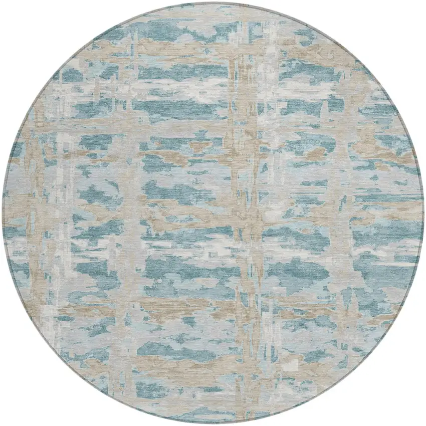 8' Teal Blue And Silver Round Abstract Washable Indoor Outdoor Area Rug Photo 1