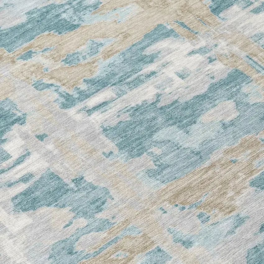 8' Teal Blue And Silver Round Abstract Washable Indoor Outdoor Area Rug Photo 5