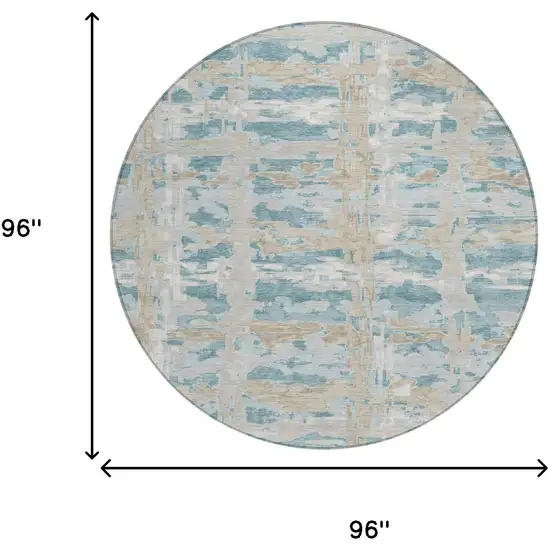 8' Teal Blue And Silver Round Abstract Washable Indoor Outdoor Area Rug Photo 6