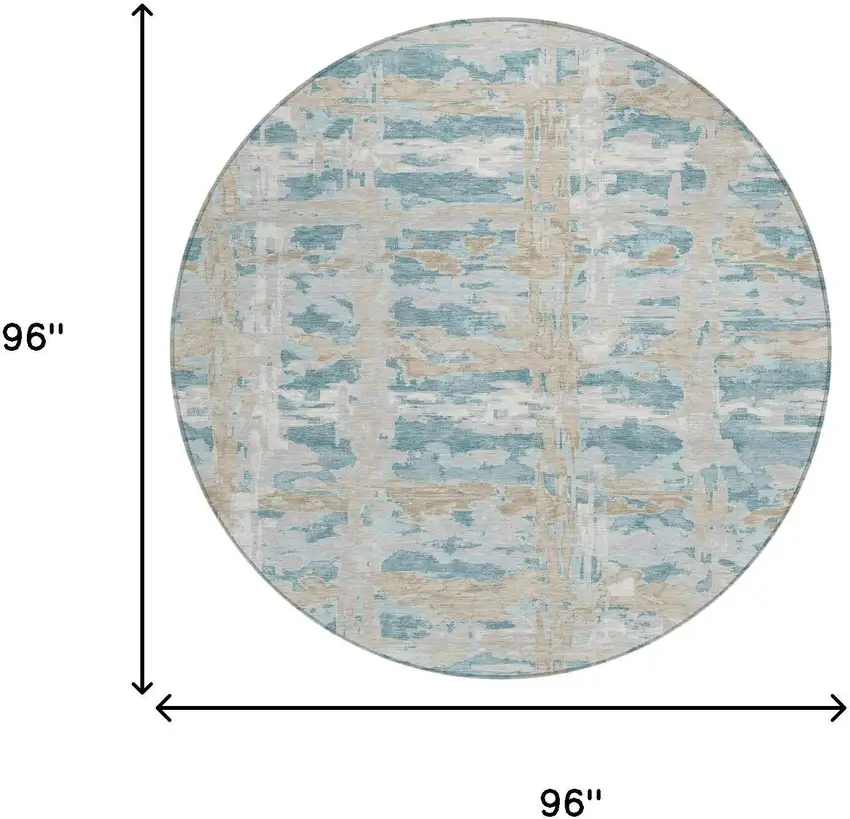 8' Teal Blue And Silver Round Abstract Washable Indoor Outdoor Area Rug Photo 6