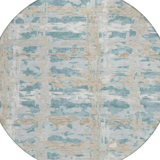 8' Teal Blue And Silver Round Abstract Washable Indoor Outdoor Area Rug Photo 3