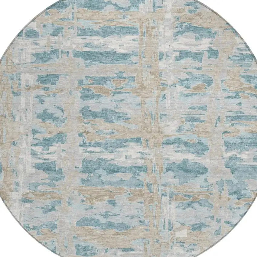 8' Teal Blue And Silver Round Abstract Washable Indoor Outdoor Area Rug Photo 3