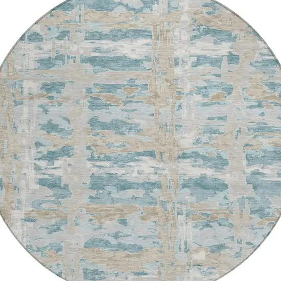 8' Teal Blue And Silver Round Abstract Washable Indoor Outdoor Area Rug Photo 2