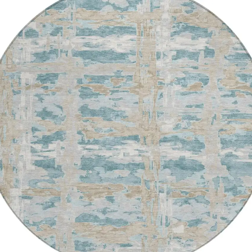 8' Teal Blue And Silver Round Abstract Washable Indoor Outdoor Area Rug Photo 2