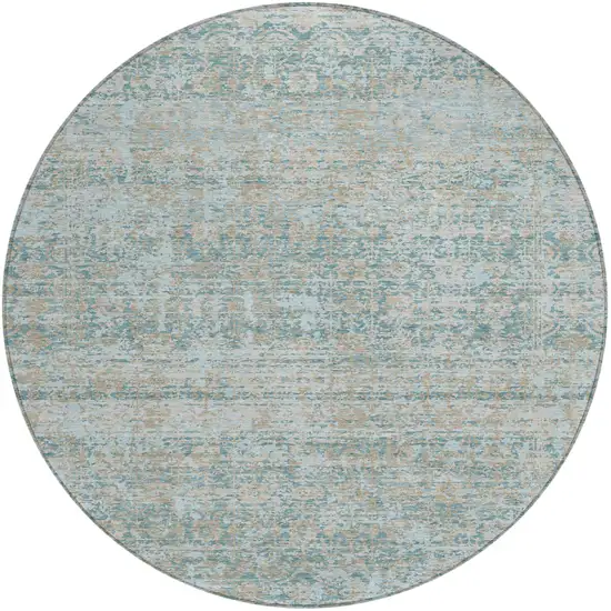 8' Teal Blue And Silver Round Abstract Washable Indoor Outdoor Area Rug Photo 1