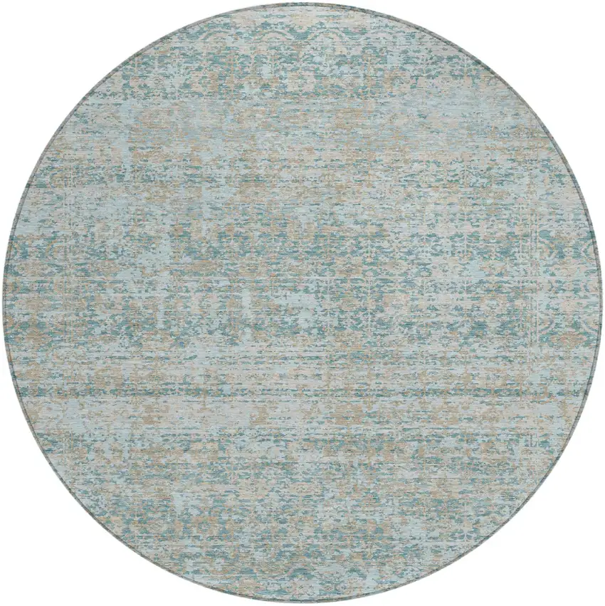 8' Teal Blue And Silver Round Abstract Washable Indoor Outdoor Area Rug Photo 1