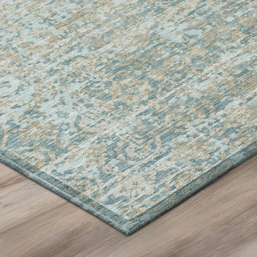 8' Teal Blue And Silver Round Abstract Washable Indoor Outdoor Area Rug Photo 4