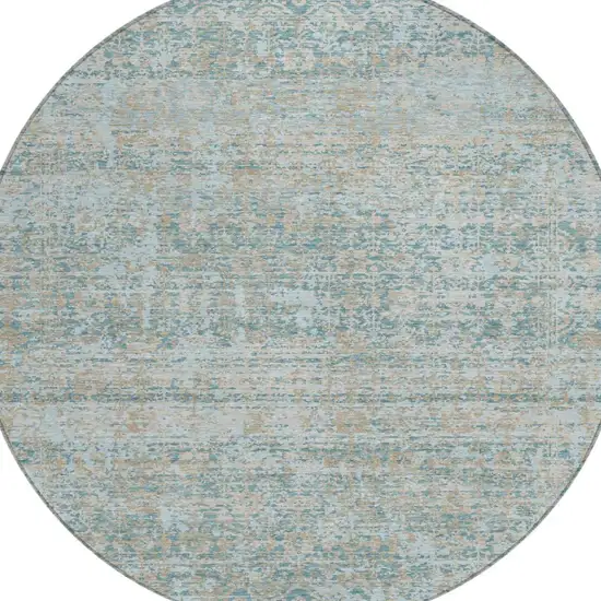 8' Teal Blue And Silver Round Abstract Washable Indoor Outdoor Area Rug Photo 2