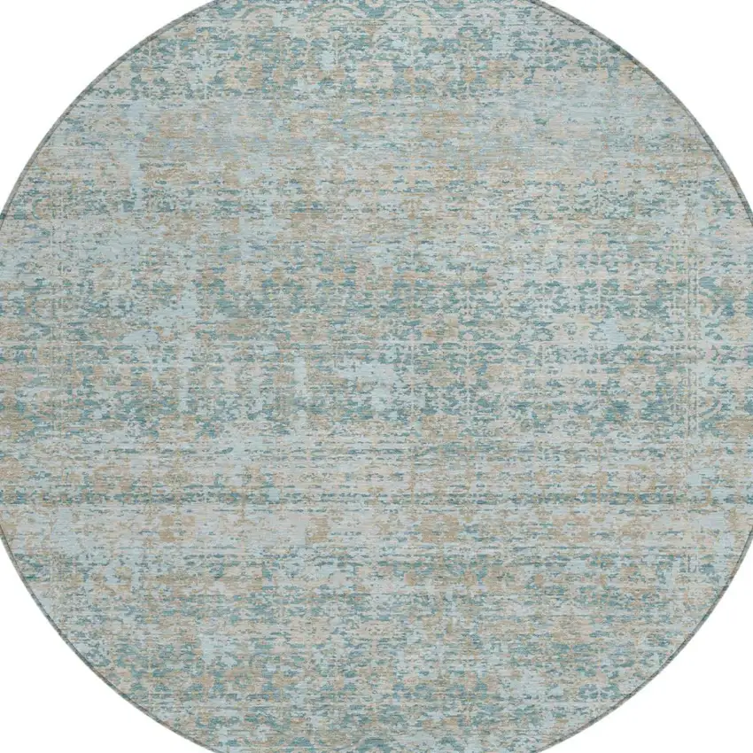 8' Teal Blue And Silver Round Abstract Washable Indoor Outdoor Area Rug Photo 2