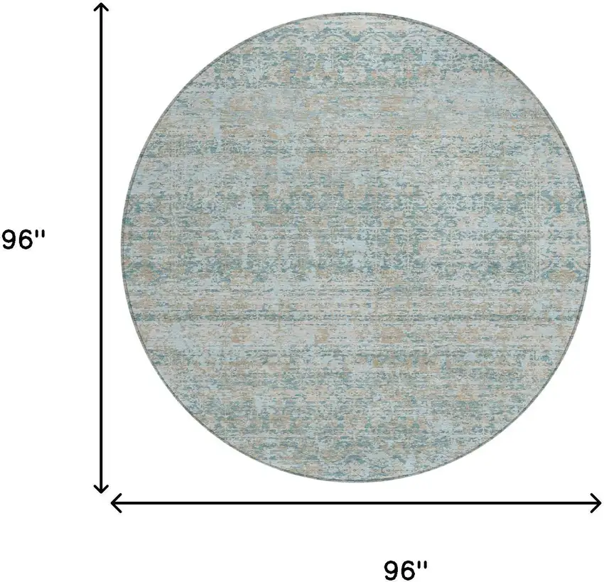 8' Teal Blue And Silver Round Abstract Washable Indoor Outdoor Area Rug Photo 6
