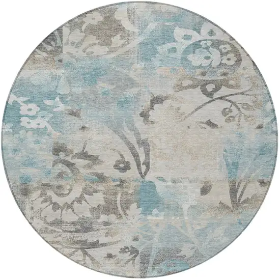 8' Teal Blue And Silver Round Botanical Leaves Washable Indoor Outdoor Area Rug Photo 3