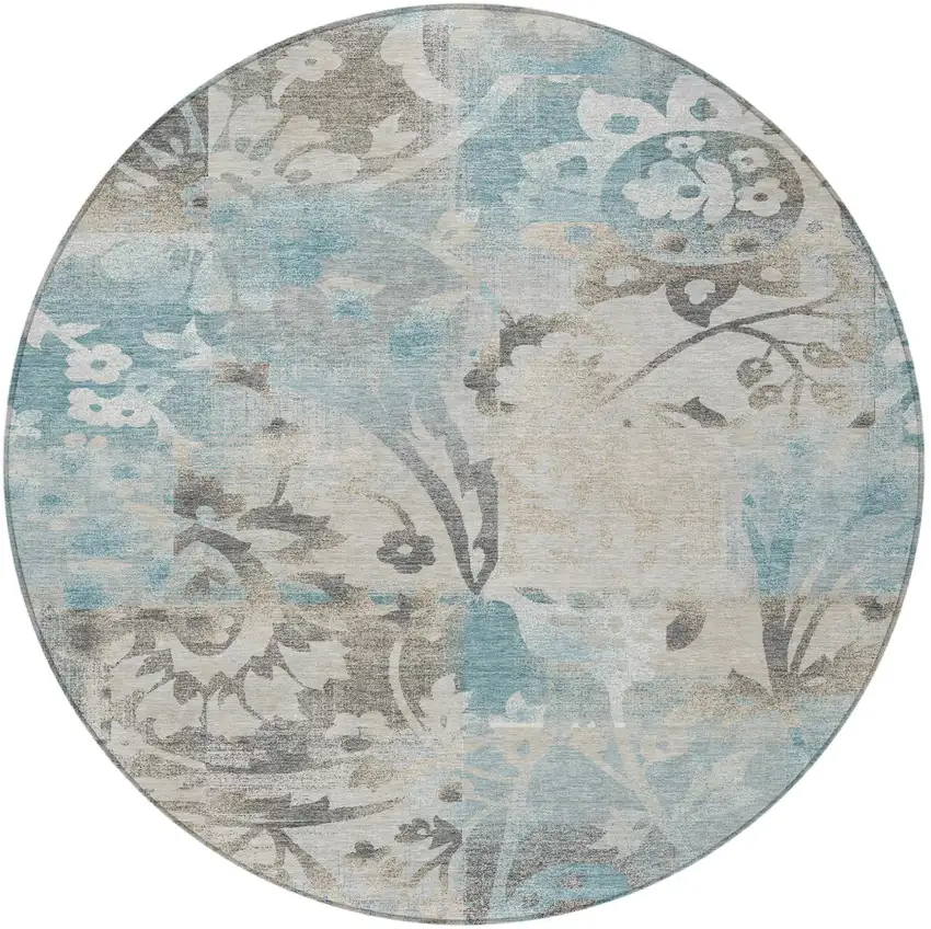 8' Teal Blue And Silver Round Botanical Leaves Washable Indoor Outdoor Area Rug Photo 3