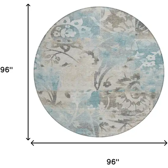8' Teal Blue And Silver Round Botanical Leaves Washable Indoor Outdoor Area Rug Photo 6