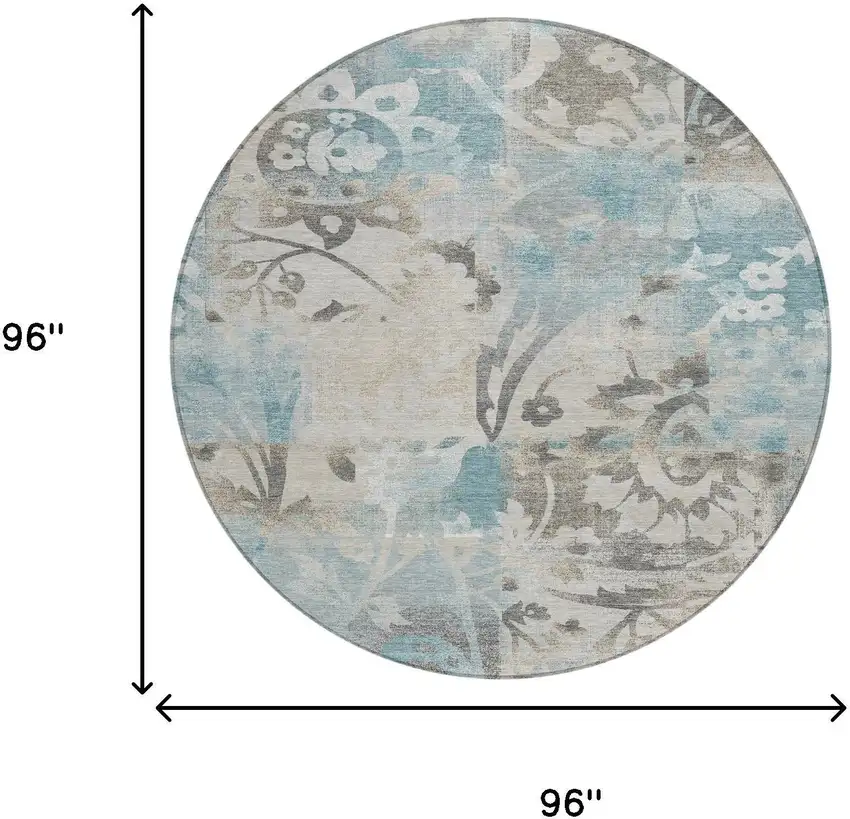 8' Teal Blue And Silver Round Botanical Leaves Washable Indoor Outdoor Area Rug Photo 6