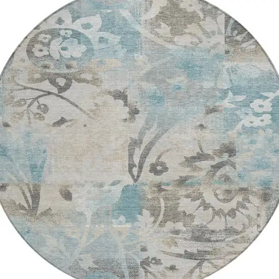 8' Teal Blue And Silver Round Botanical Leaves Washable Indoor Outdoor Area Rug Photo 1
