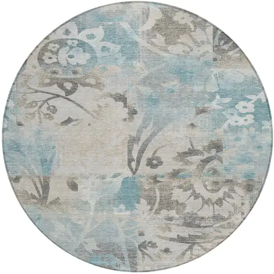 8' Teal Blue And Silver Round Botanical Leaves Washable Indoor Outdoor Area Rug Photo 2