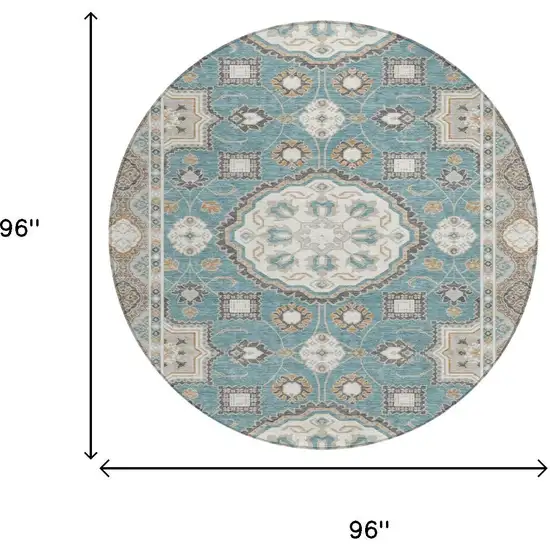 8' Teal Blue And Silver Round Floral Medallion Washable Indoor Outdoor Area Rug Photo 6