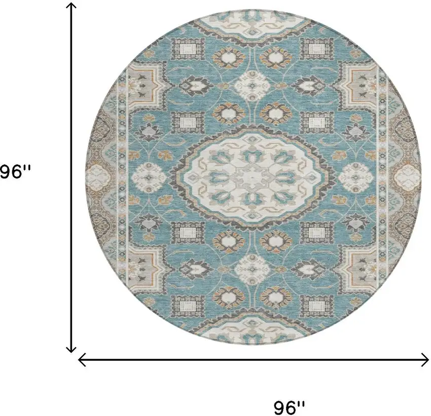 8' Teal Blue And Silver Round Floral Medallion Washable Indoor Outdoor Area Rug Photo 6