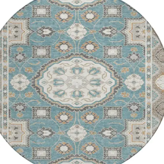 8' Teal Blue And Silver Round Floral Medallion Washable Indoor Outdoor Area Rug Photo 2