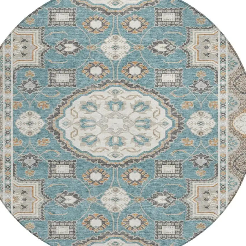 8' Teal Blue And Silver Round Floral Medallion Washable Indoor Outdoor Area Rug Photo 2