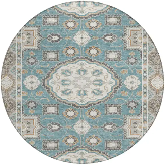 8' Teal Blue And Silver Round Floral Medallion Washable Indoor Outdoor Area Rug Photo 1