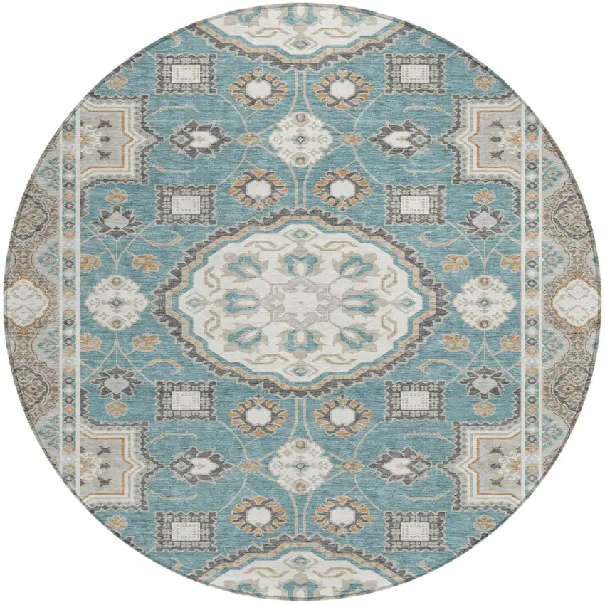 8' Teal Blue And Silver Round Floral Medallion Washable Indoor Outdoor Area Rug Photo 1