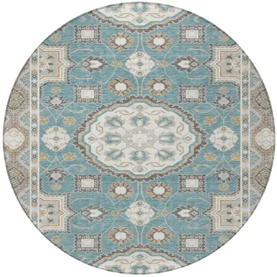 8' Teal Blue And Silver Round Floral Medallion Washable Indoor Outdoor Area Rug Photo 3