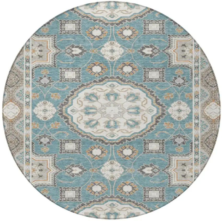 8' Teal Blue And Silver Round Floral Medallion Washable Indoor Outdoor Area Rug Photo 3