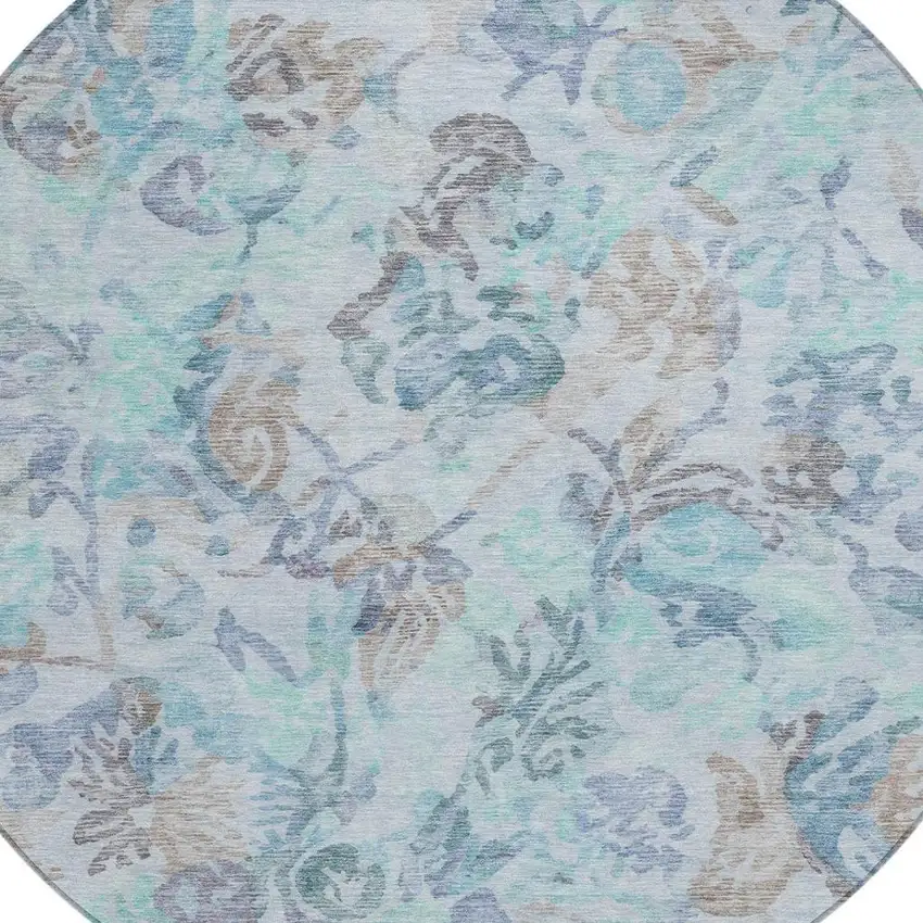 8' Teal Blue And Silver Round Floral Washable Indoor Outdoor Area Rug Photo 3