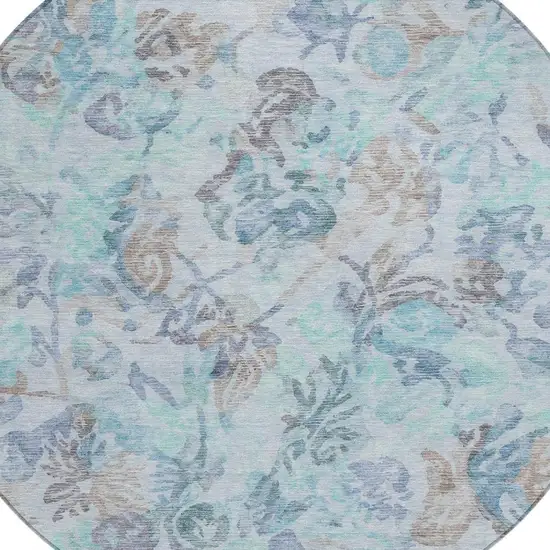 8' Teal Blue And Silver Round Floral Washable Indoor Outdoor Area Rug Photo 3