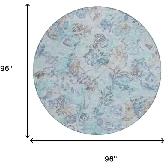 8' Teal Blue And Silver Round Floral Washable Indoor Outdoor Area Rug Photo 7