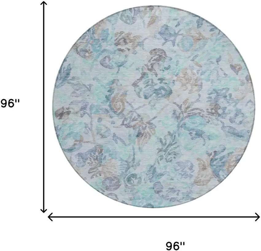 8' Teal Blue And Silver Round Floral Washable Indoor Outdoor Area Rug Photo 7