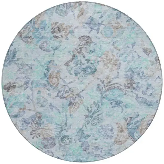 8' Teal Blue And Silver Round Floral Washable Indoor Outdoor Area Rug Photo 4