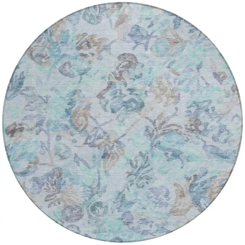 8' Teal Blue And Silver Round Floral Washable Indoor Outdoor Area Rug Photo 4