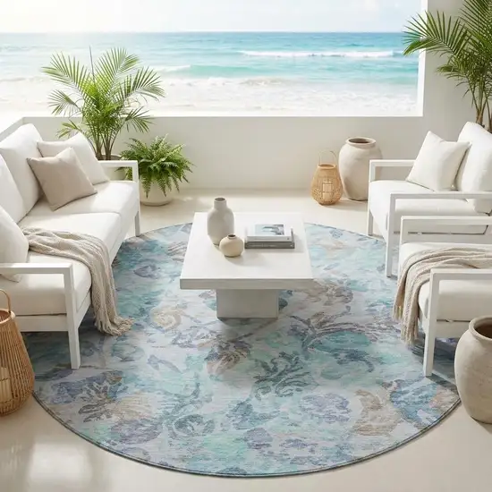 8' Teal Blue And Silver Round Floral Washable Indoor Outdoor Area Rug Photo 1