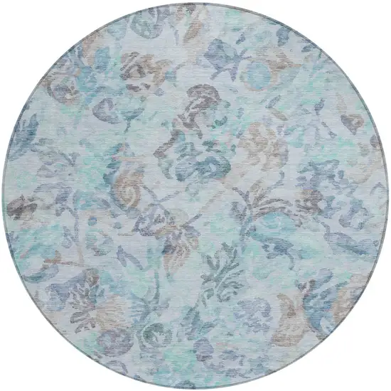 8' Teal Blue And Silver Round Floral Washable Indoor Outdoor Area Rug Photo 2