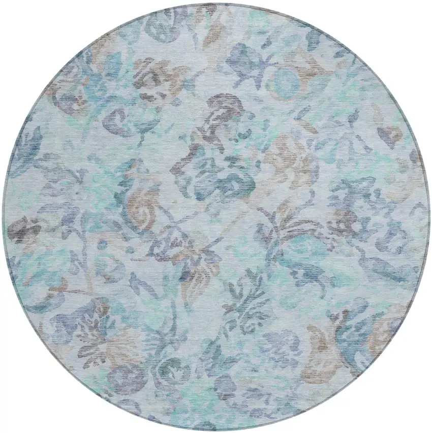 8' Teal Blue And Silver Round Floral Washable Indoor Outdoor Area Rug Photo 2