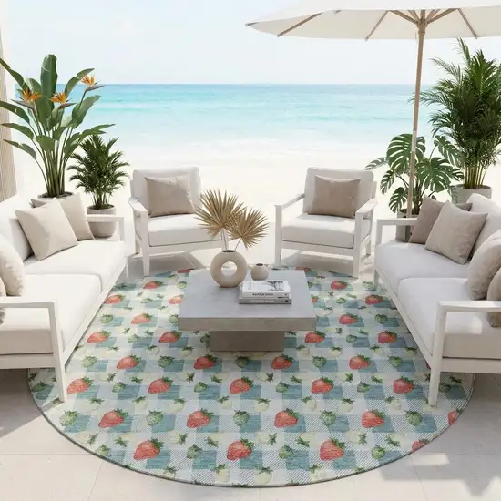 8' Teal Blue And Silver Round Floral Washable Indoor Outdoor Area Rug Photo 1