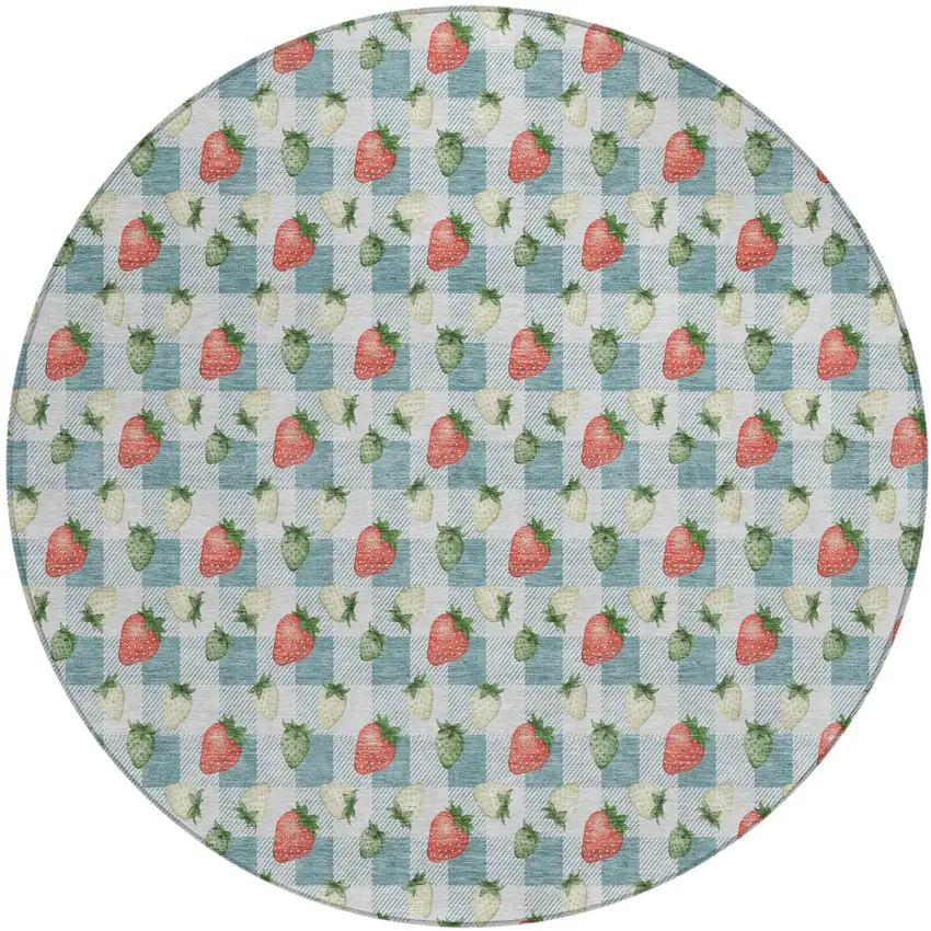 8' Teal Blue And Silver Round Floral Washable Indoor Outdoor Area Rug Photo 2