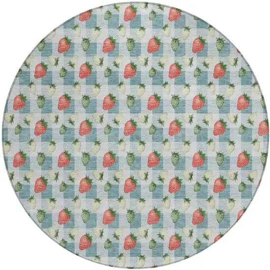 8' Teal Blue And Silver Round Floral Washable Indoor Outdoor Area Rug Photo 2