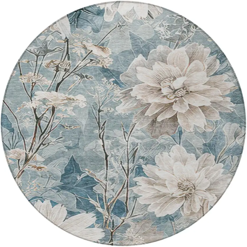 8' Teal Blue And Silver Round Floral Washable Indoor Outdoor Area Rug Photo 1