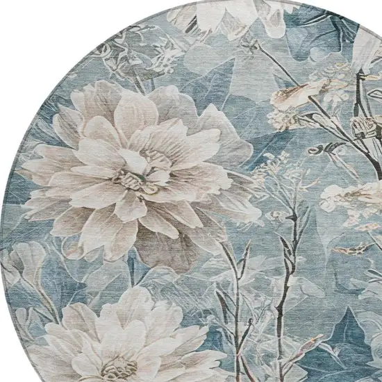 8' Teal Blue And Silver Round Floral Washable Indoor Outdoor Area Rug Photo 5