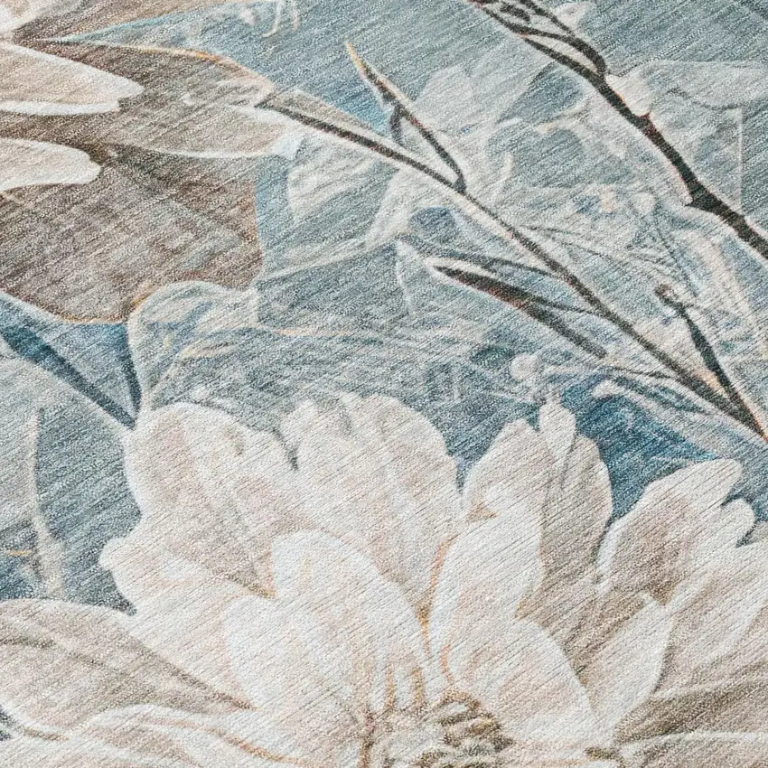 8' Teal Blue And Silver Round Floral Washable Indoor Outdoor Area Rug Photo 7