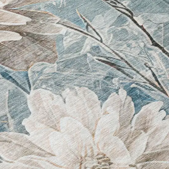 8' Teal Blue And Silver Round Floral Washable Indoor Outdoor Area Rug Photo 7