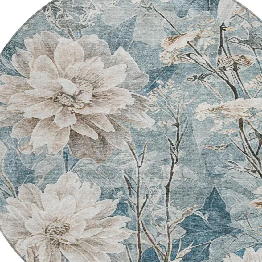 8' Teal Blue And Silver Round Floral Washable Indoor Outdoor Area Rug Photo 4