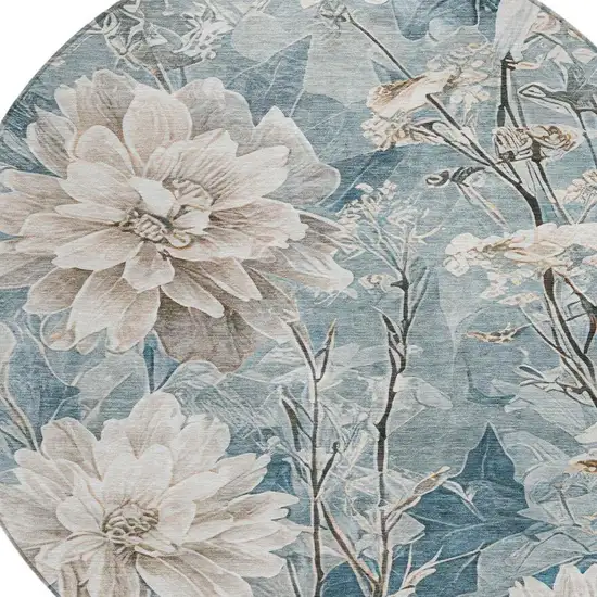 8' Teal Blue And Silver Round Floral Washable Indoor Outdoor Area Rug Photo 4